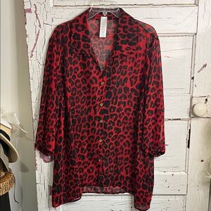 Red and Black Leopard Print Sheer Blouse Unknown Maker in Sz 1X
